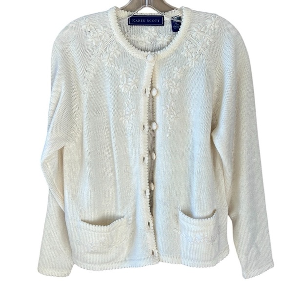 Karen Scott Vintage Like New Sz S Cream Embroidered Cottagecore Cardigan Sweater - Picture 1 of 8